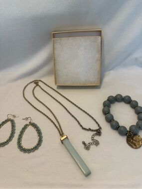 Mint Green Bar Pendant Necklace, Beaded Earrings, Stretch Bracelet Gold Accents
